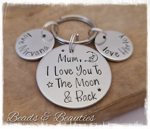 I Love You To The Moon & Back Keyring- With 2 Personalised Discs
